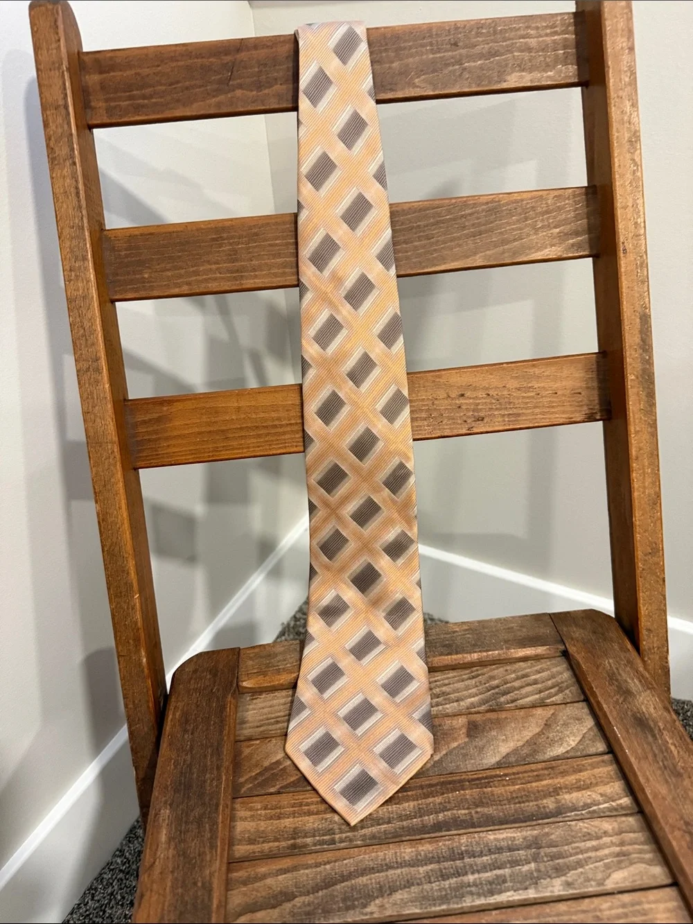 Vintage John Ashford Silk Blend Necktie Geometric Peach Gray Brown Hand Made